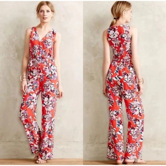Yumi Kim Beautiful Red Floral 100% Silk Jumpsuit Size Large - Picture 1 of 6